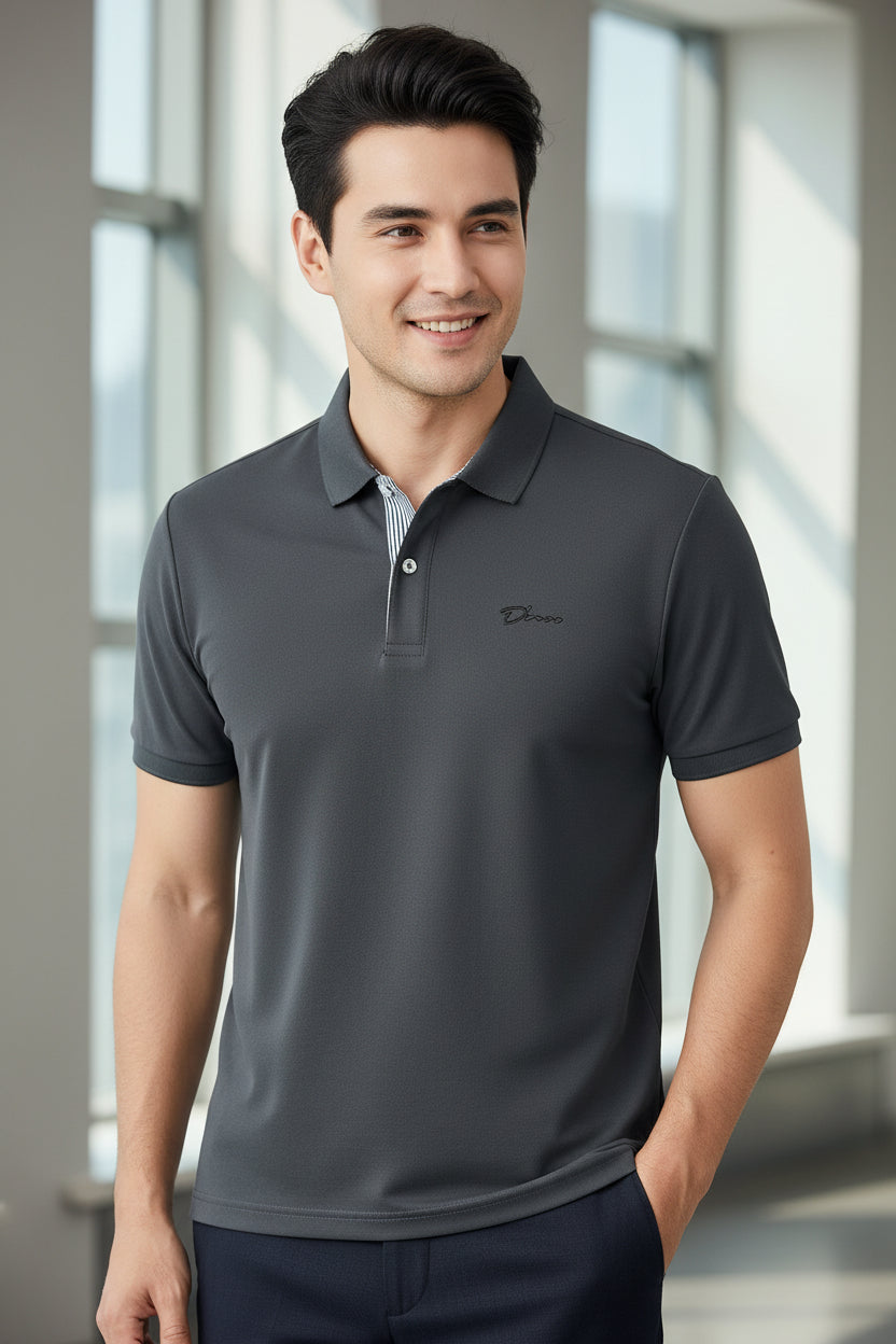 Gray polo shirt with a logo on a white background