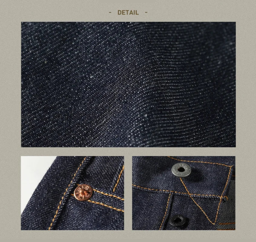 Close-up details of denim fabric and stitching on a beige background