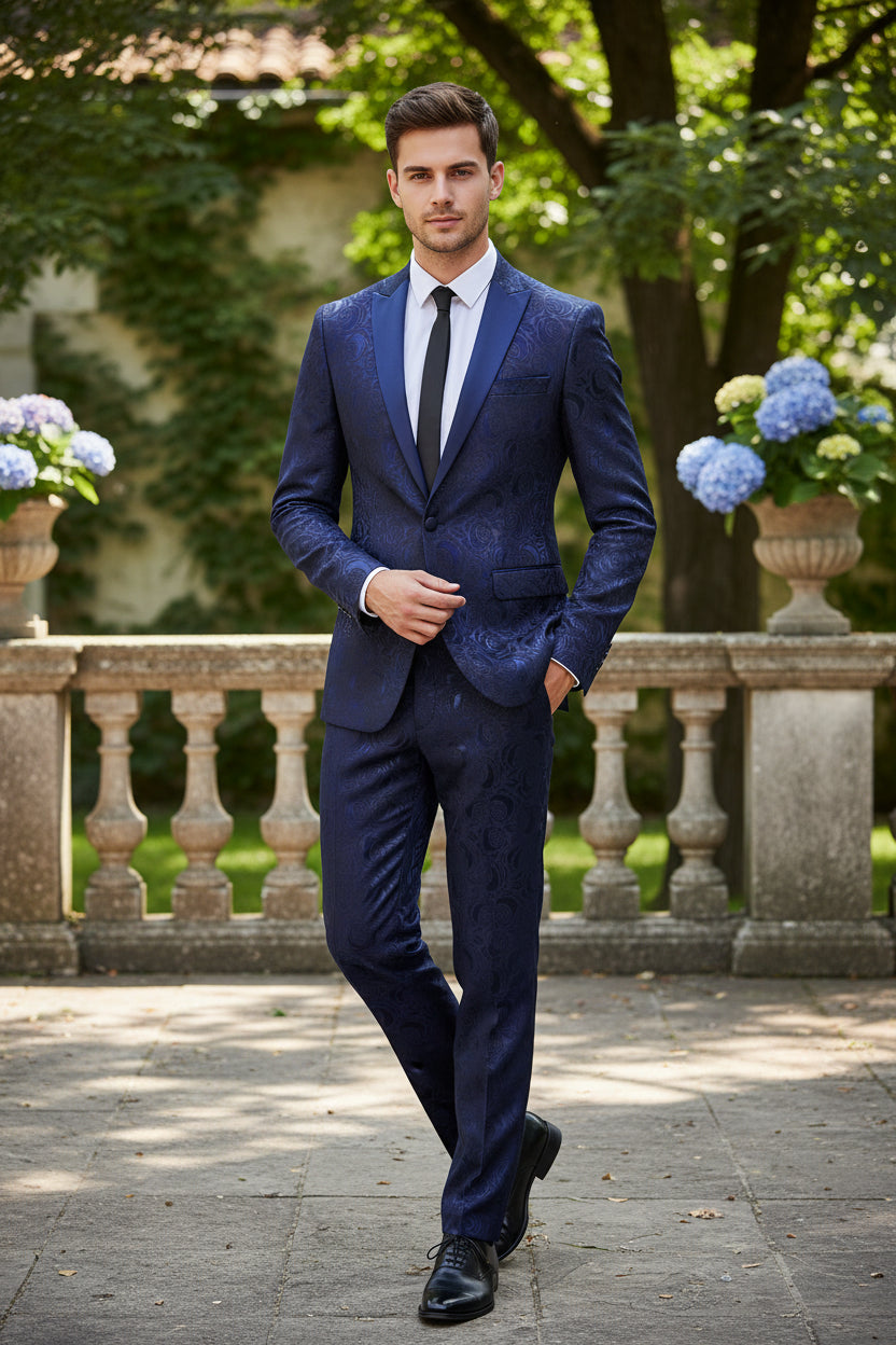Blue patterned blazer on a white background