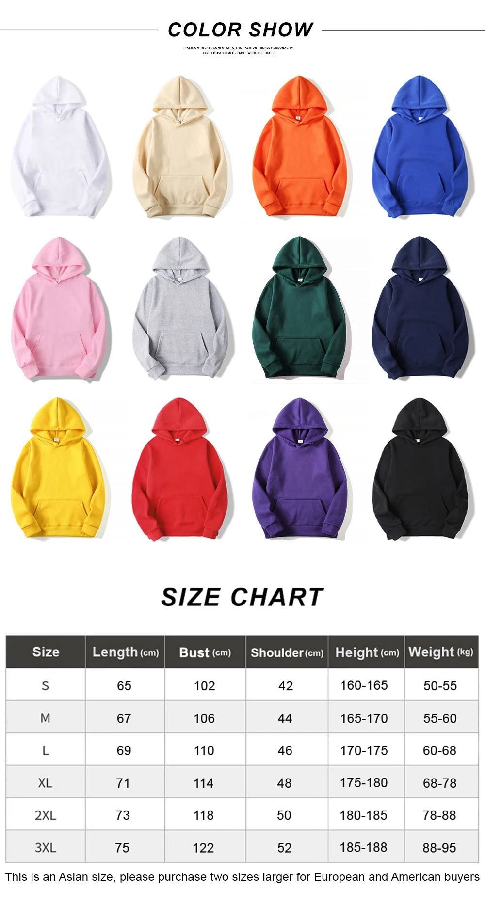 Color swatches of hoodies in various colors with a size chart below.