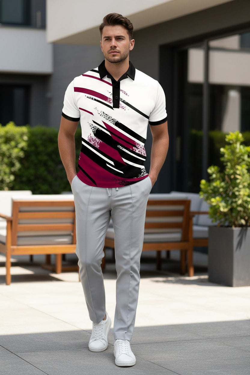 White polo shirt with black and red stripes worn by a person on a brown background