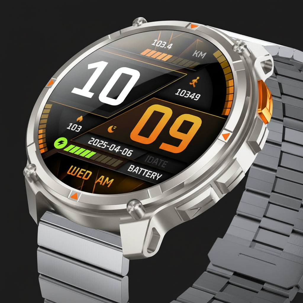Smartwatch with metallic band on a dark background, highlighting features like 1100mAh battery and IP68 waterproof rating.