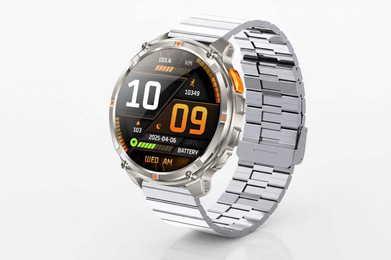 Smartwatch with metallic band on a dark background, highlighting features like 1100mAh battery and IP68 waterproof rating.