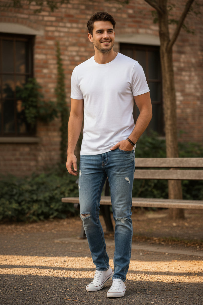 Person wearing distressed blue jeans and white sneakers on a grassy background
