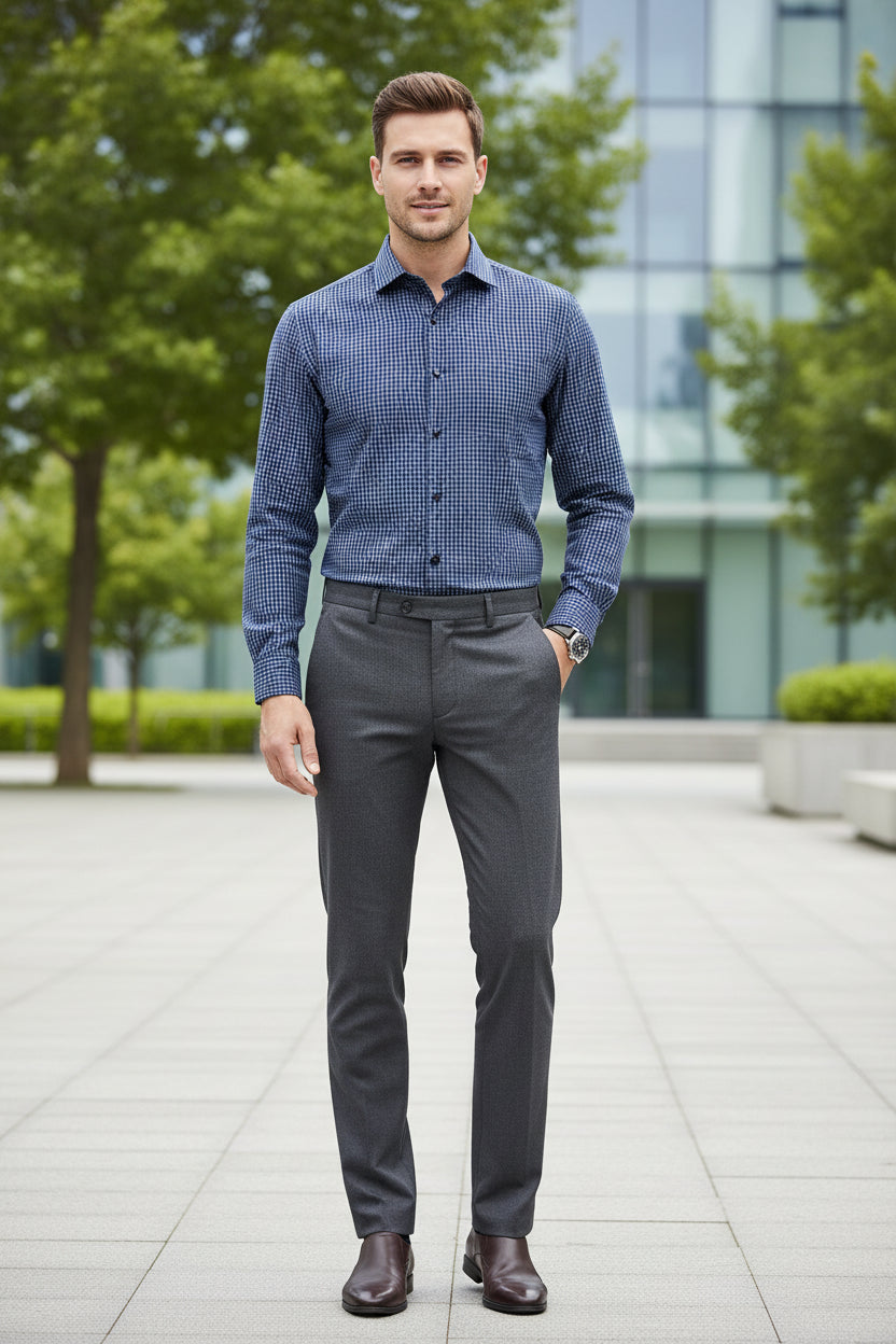 Folded blue checkered shirt with a pocket on a white background