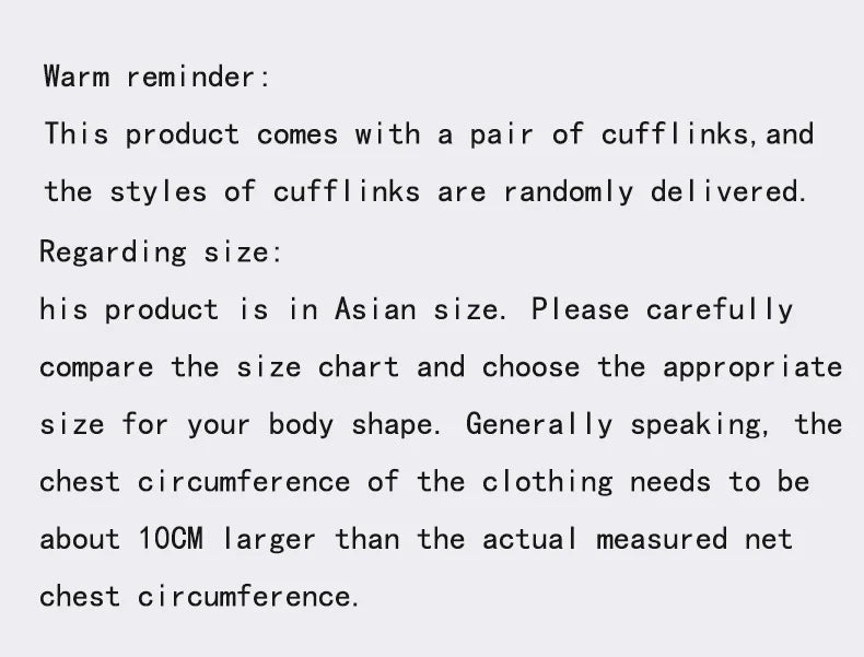 Text message about product details, including cufflinks and size information.