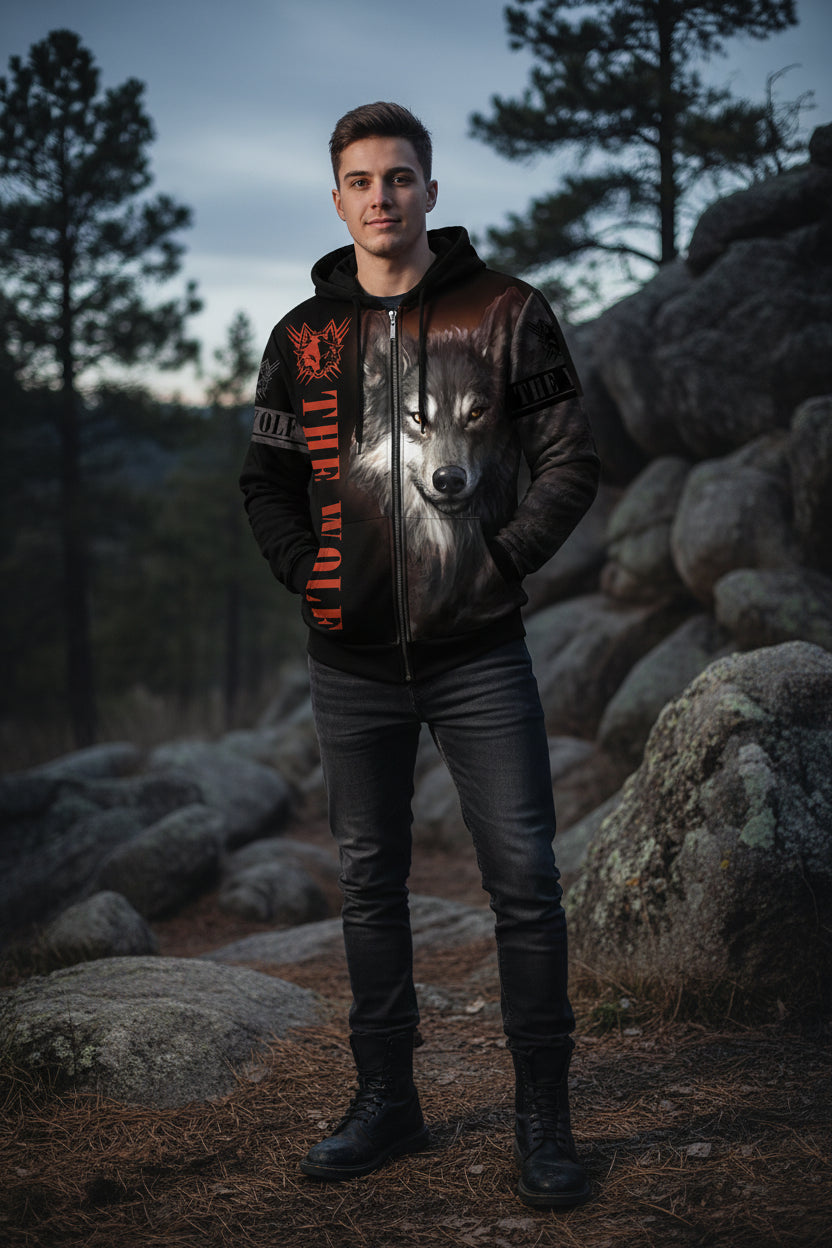 Hoodie with a wolf design and 'The Wolf' text on a white background