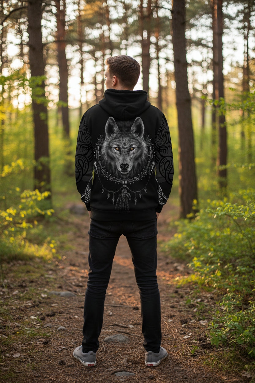 Black hoodie with a wolf design on the back against a white background