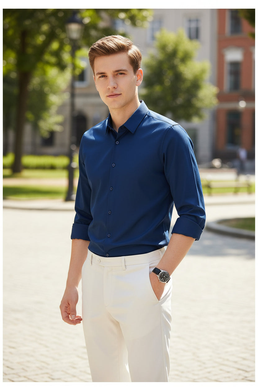 Blue shirt worn by a person on a dark background