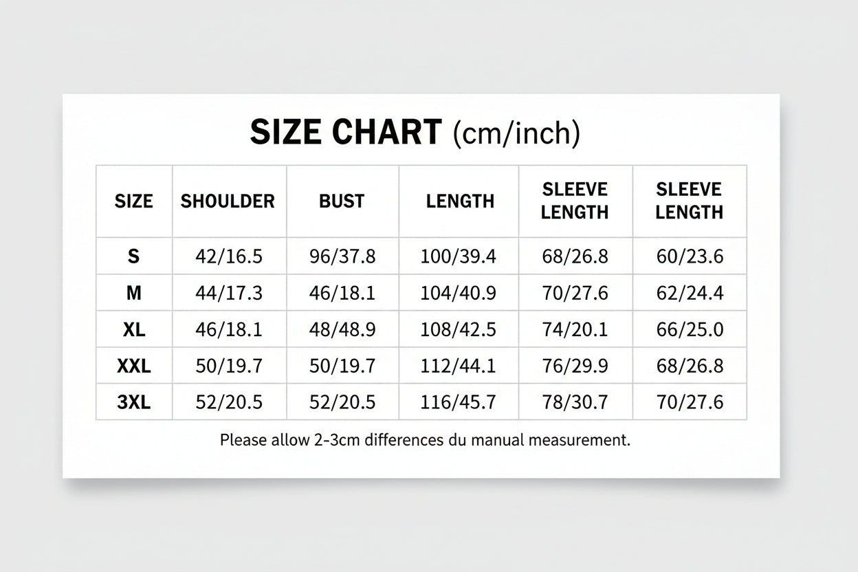 Size chart in centimeters and inches for clothing with shoulder, bust, length, and sleeve measurements.