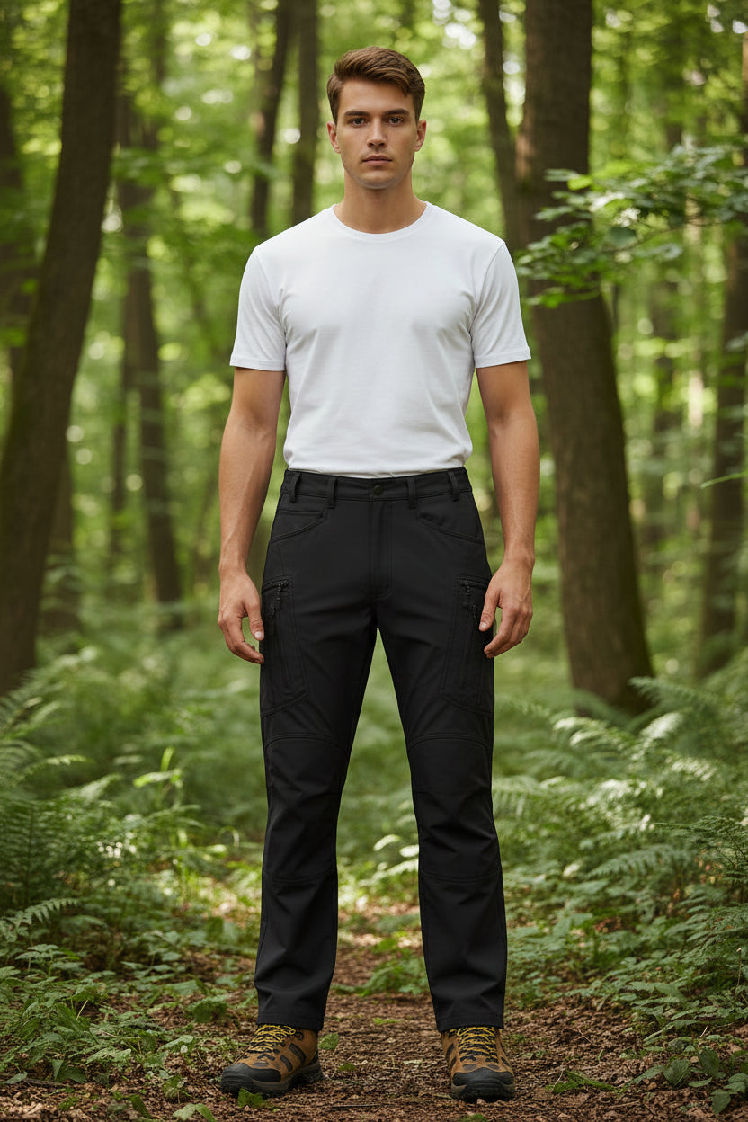 Black pants with multiple pockets and zippers on a white background, featuring the Magcomsen brand.