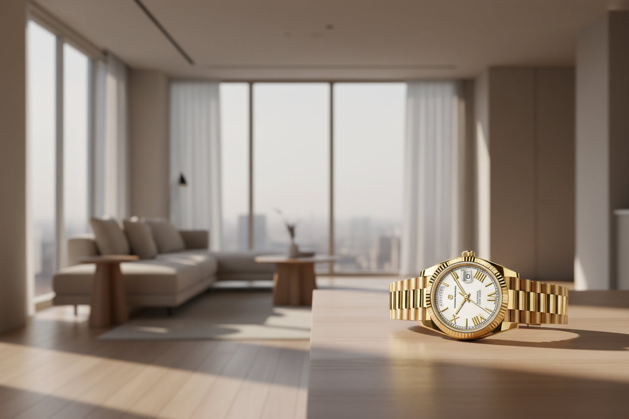 Gold watch with Pagani Design branding on a red background