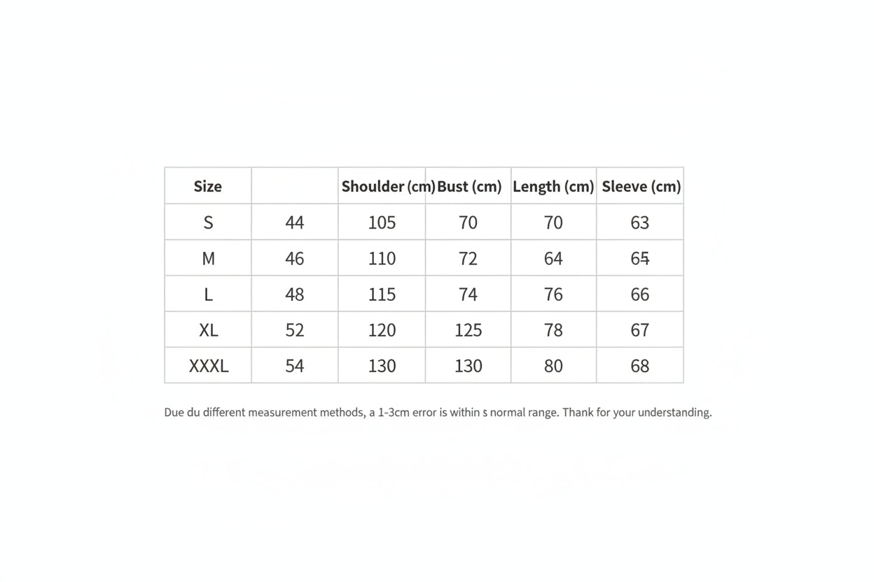 Table displaying clothing size chart with measurements in centimeters