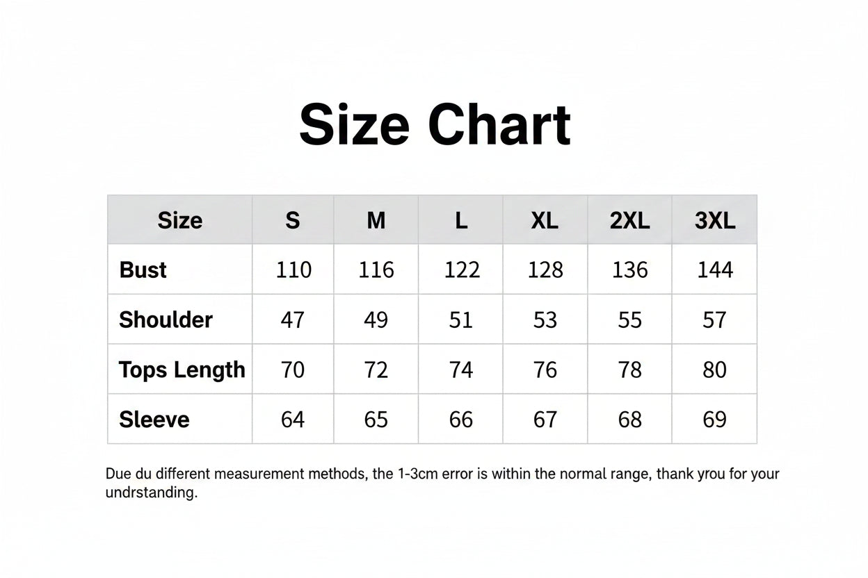 Size chart for clothing measurements in centimeters with a clear and legible layout.