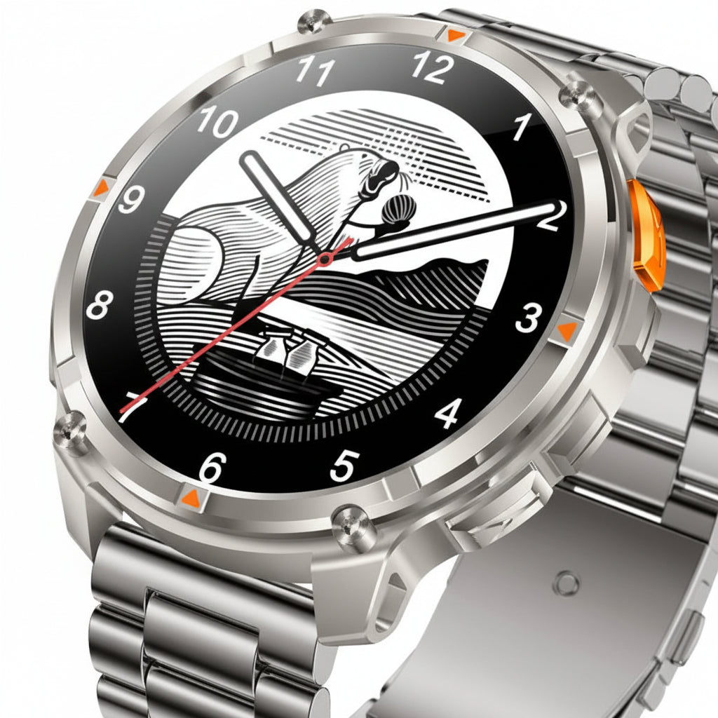 Silver smartwatch with detailed features on a gray background