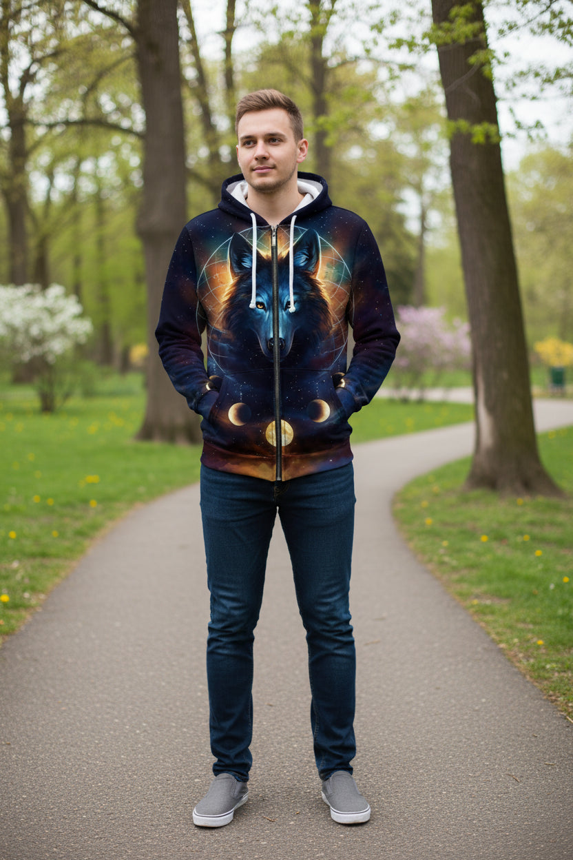 Hoodie with a wolf design and celestial elements on a white background