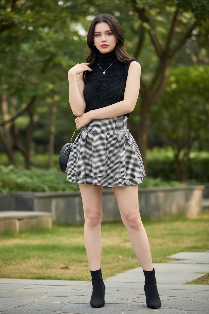 Woman wearing a black sleeveless top and plaid skirt with a blurred background