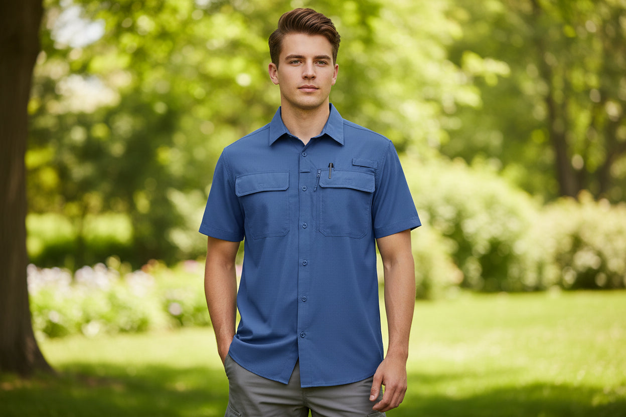 Man wearing a blue short-sleeve shirt with pockets on a white background