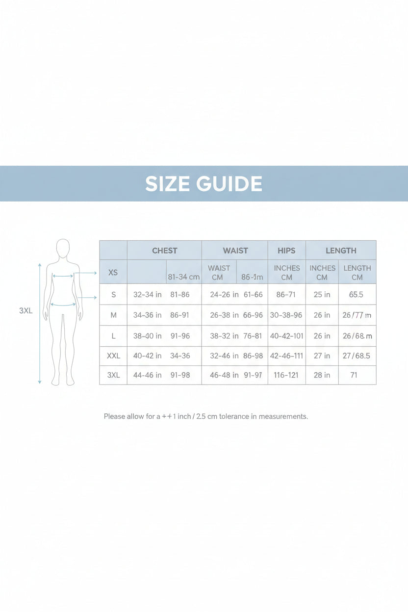 Size chart for clothing with measurements in centimeters and inches.