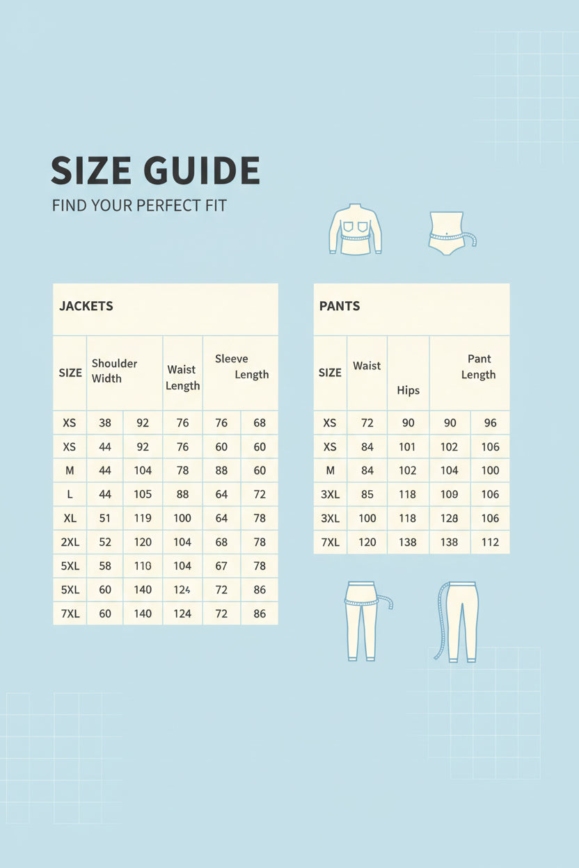 Size chart for clothing with measurements in centimeters and inches.