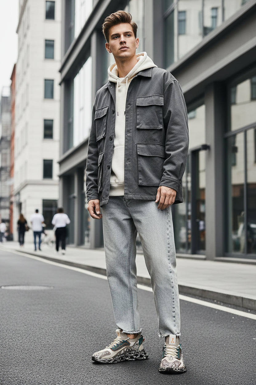 Person holding a pair of stylish sneakers with intricate designs on an urban street background.