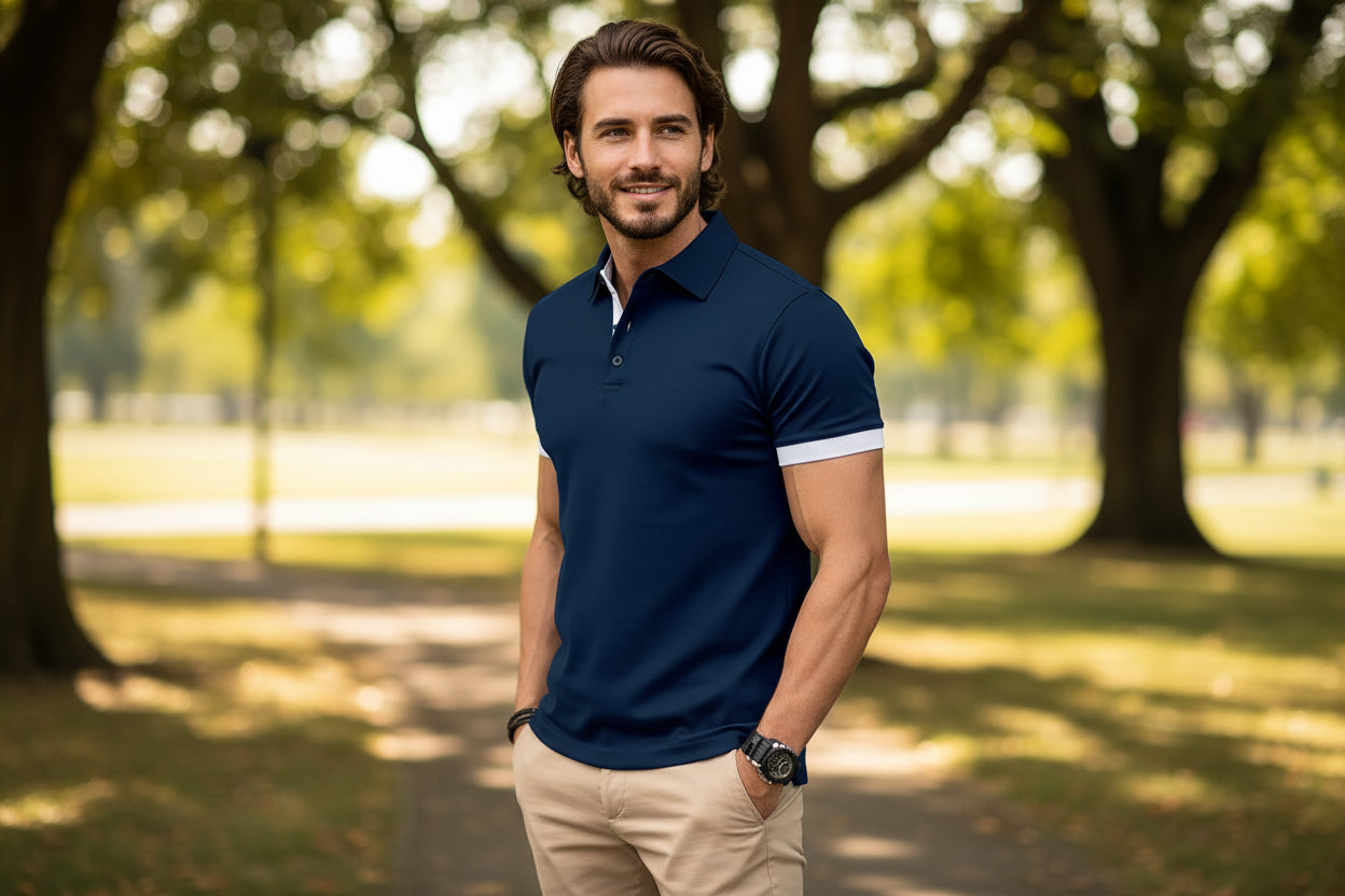 Man wearing a navy blue polo shirt with white trim on a white background