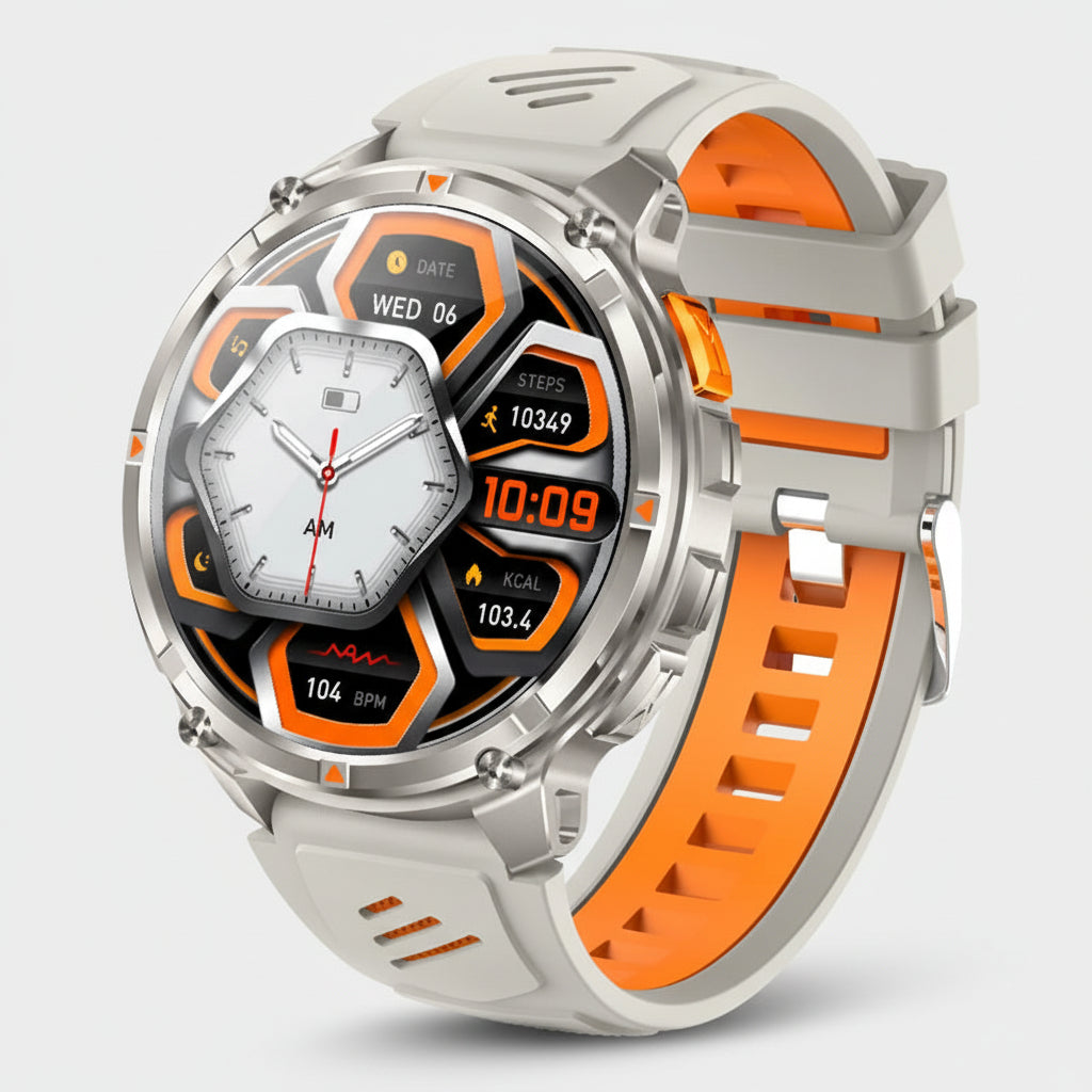Smartwatch with orange and gray strap on a black background with feature text overlay