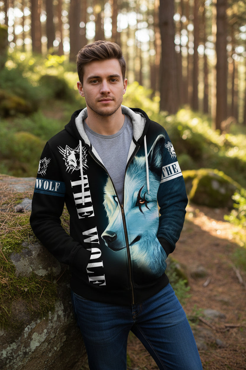 Zip-up hoodie with wolf design and 'The Wolf' branding on a white background