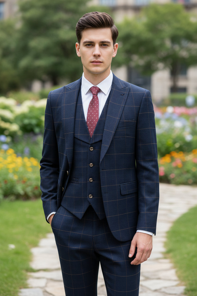 Navy checkered suit on a mannequin with a pink tie against a beige curtain background