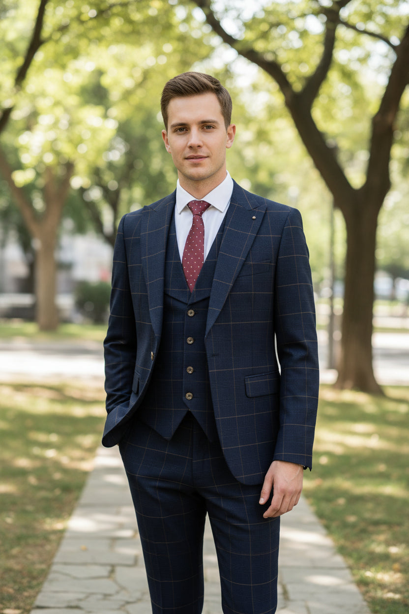 High-Quality Dark Blue 3 Piece Checkered Suit Set for Business,