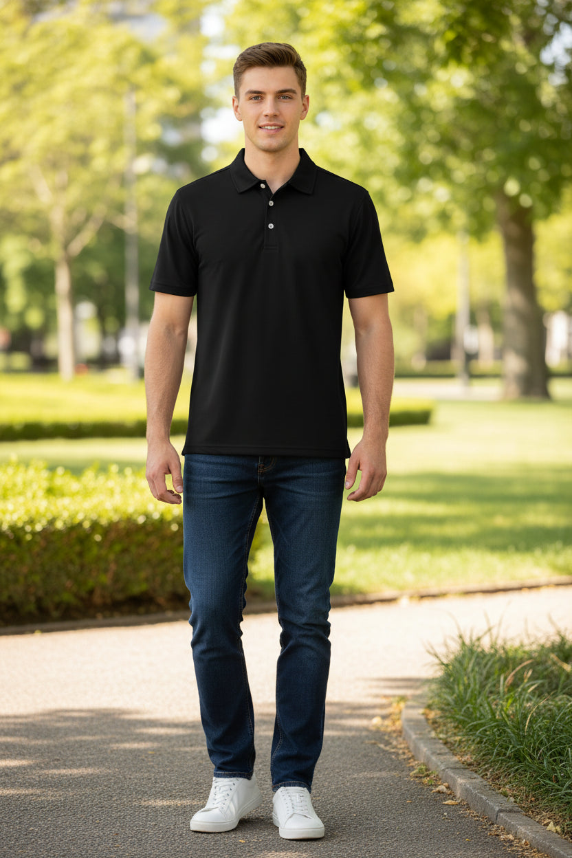 Black polo shirt on a white background