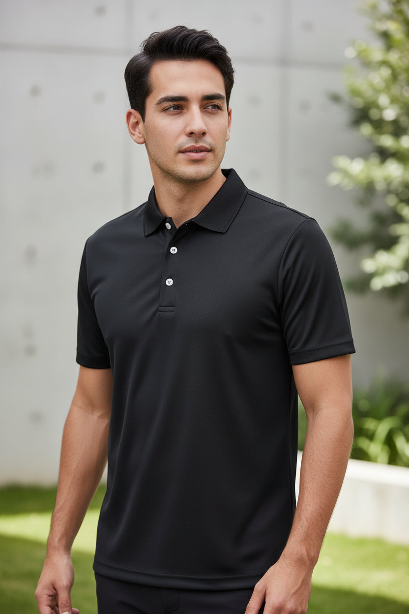 Black polo shirt on a white background