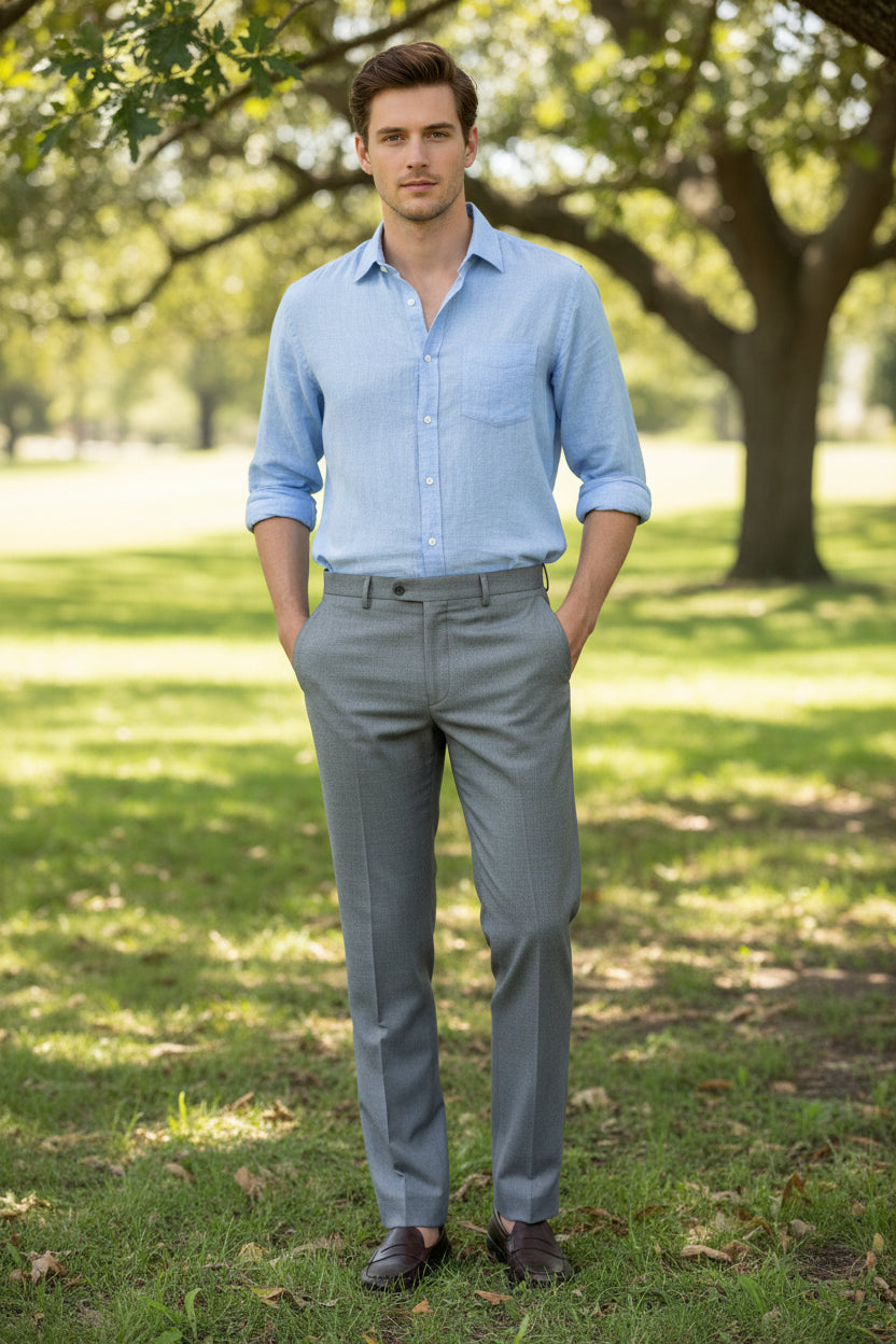 Gray pants with a flat front design on a white background