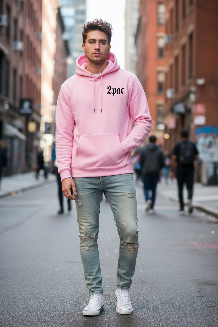 Pink hoodie with Tupac graphic and text on a white background