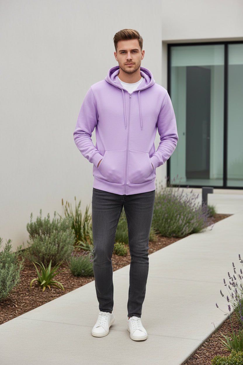 Purple hoodie with a zipper on a white background
