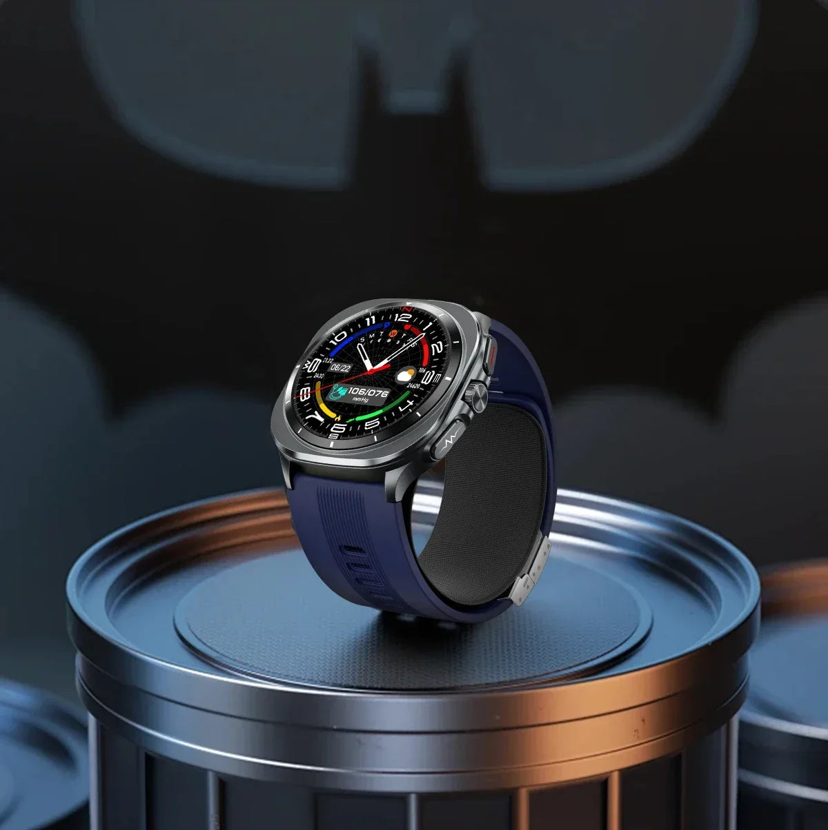 Smartwatch with a blue strap on a metallic stand against a dark background
