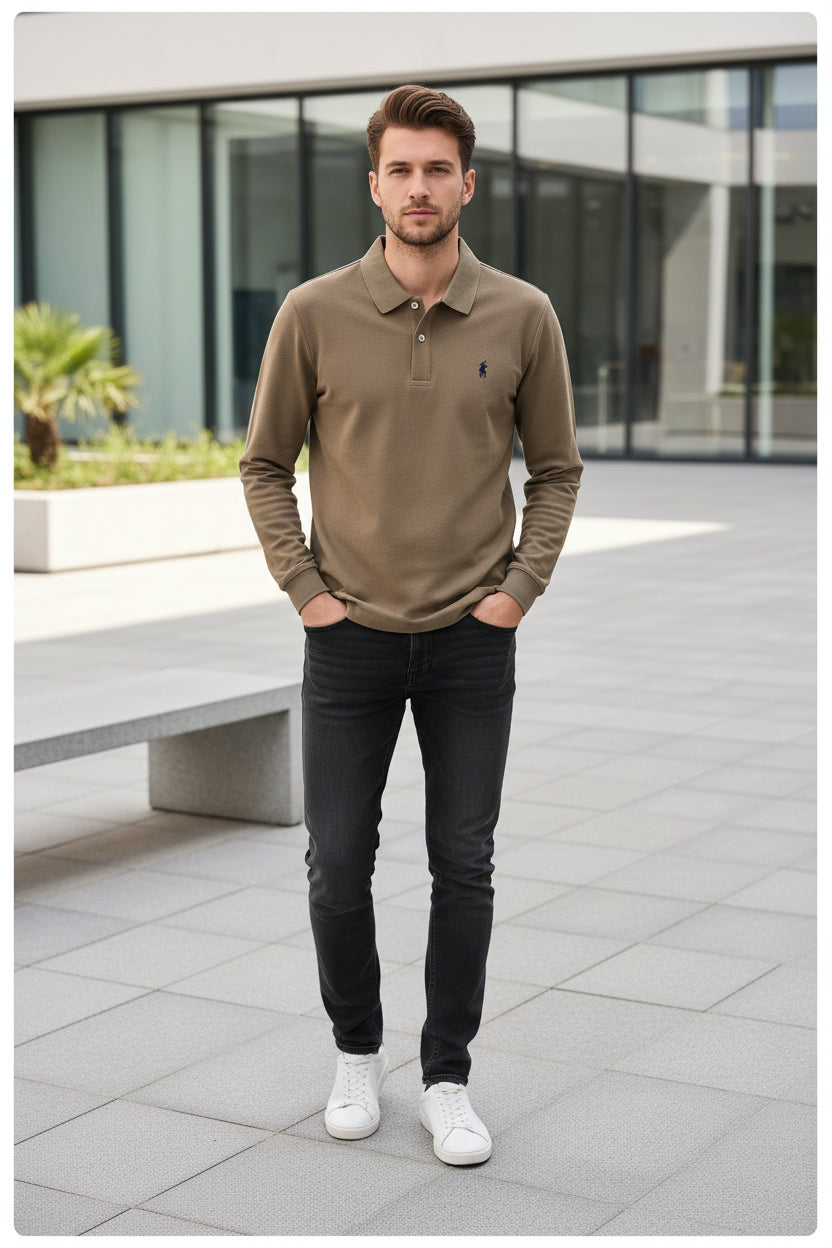 Beige polo shirt with a brand logo on a hanger
