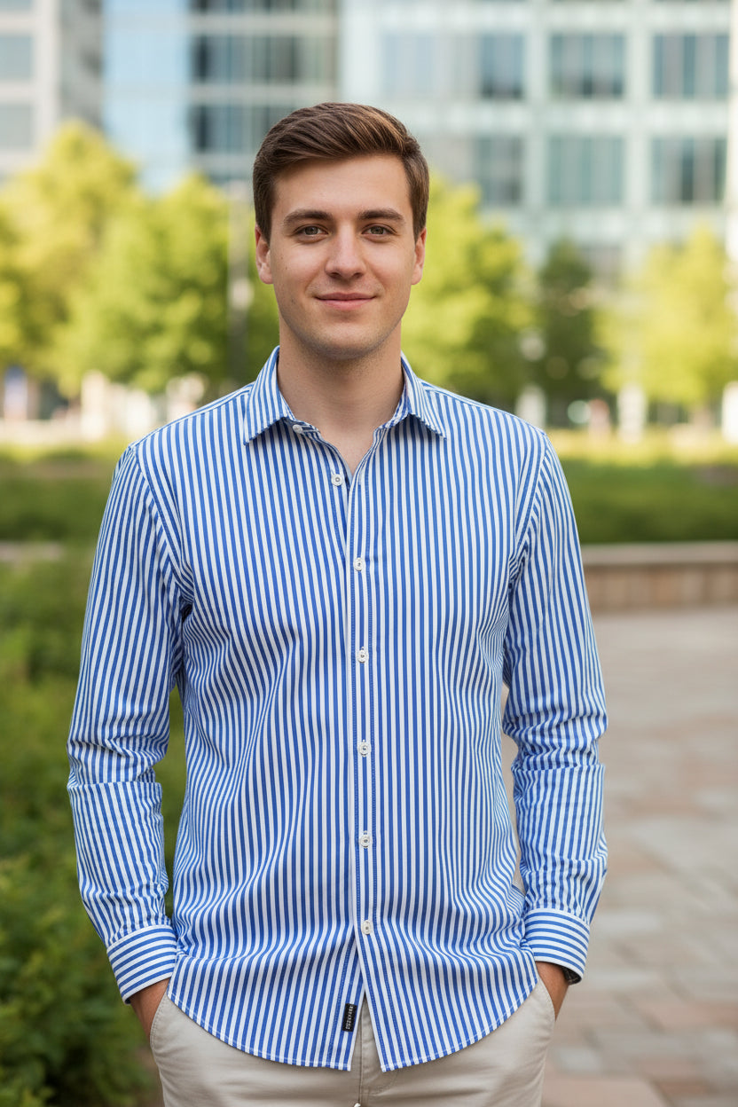 Blue and white striped dress shirt with brand logo on a white background