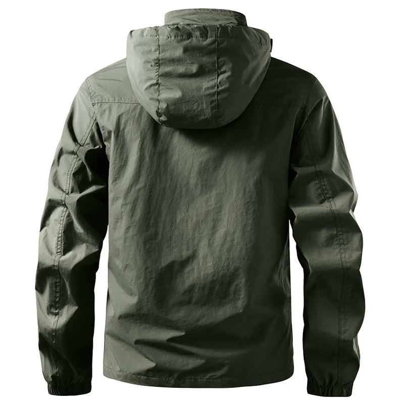 Mens Waterproof Jacket Outdood Hiking Cycling Hooded Windbreaker Multi-Pocket Camping Sportswear Windproof Workwear Coat for Men