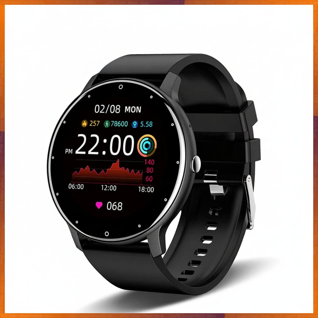 Black smartwatch with a digital display on a white background