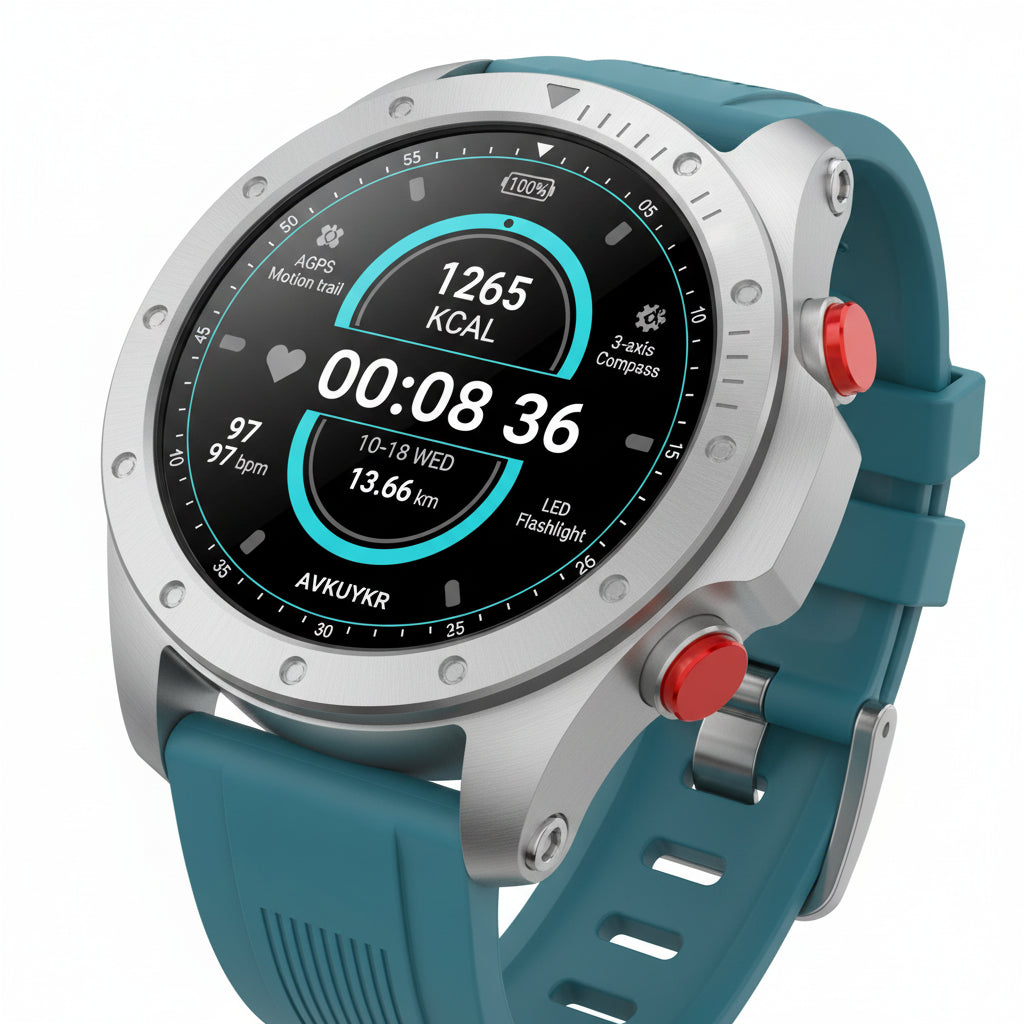 Blue smartwatch with digital display on a dark background, featuring text about battery capacity and features.