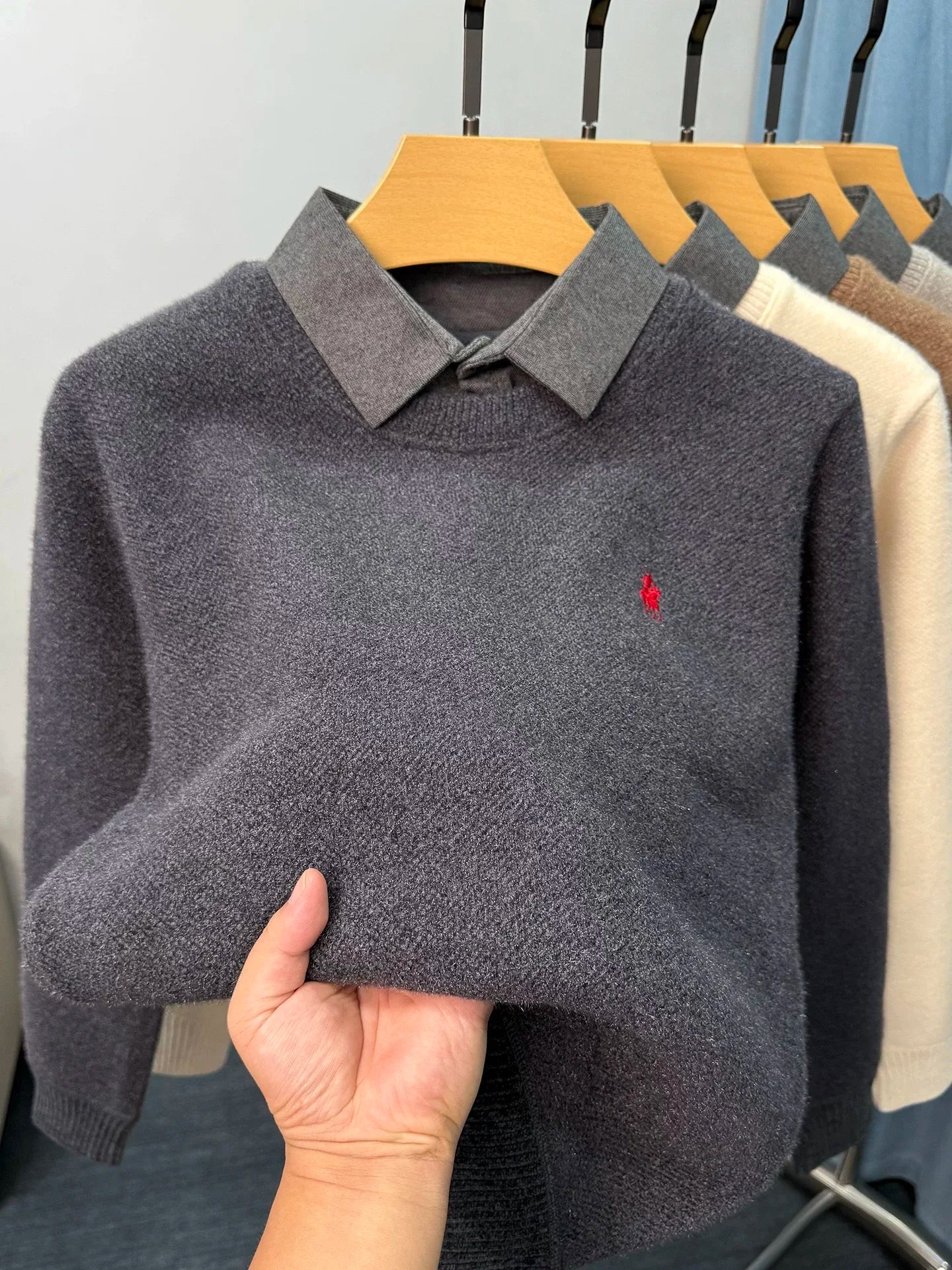 High end trendy pony embroidery men's sweater luxury brand fashion Paul winter velvet warm striped shirt collar knitted pullover