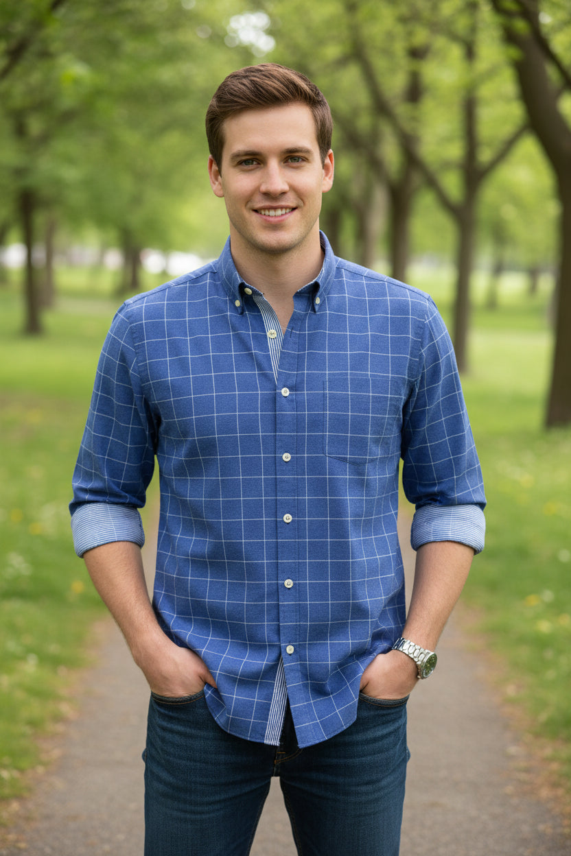Blue checkered shirt with buttons on a white background