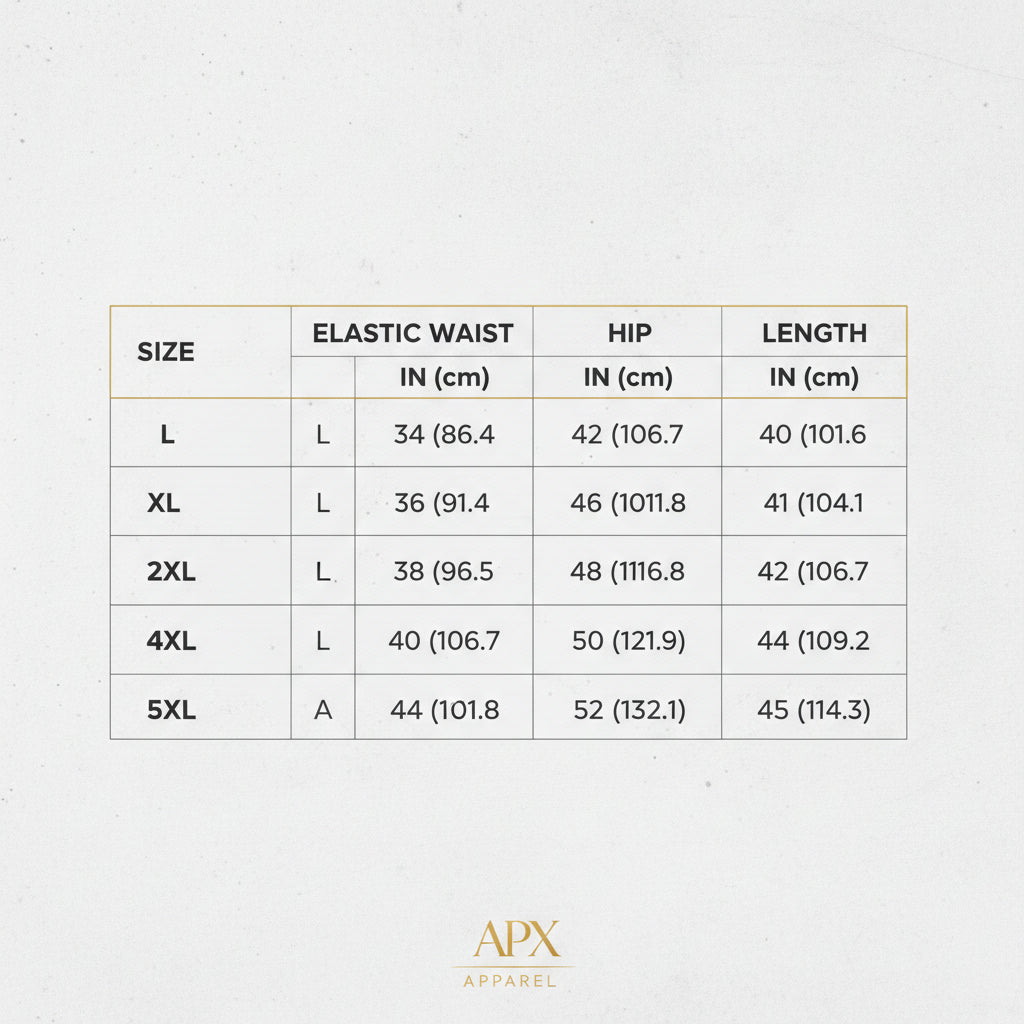 Size chart for clothing with measurements in inches and centimeters.