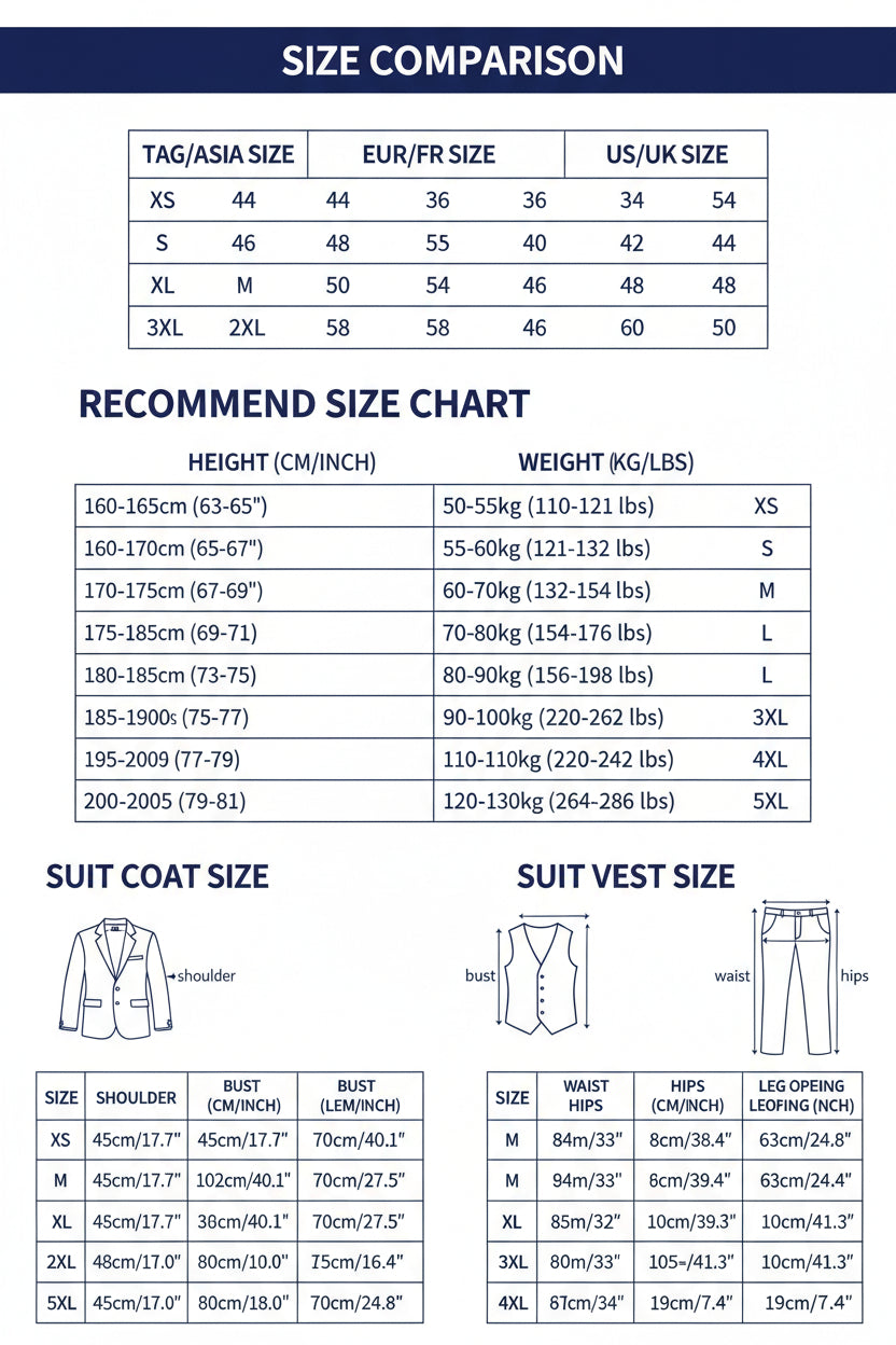 Size chart for suits, coats, and pants with measurements and weight ranges.