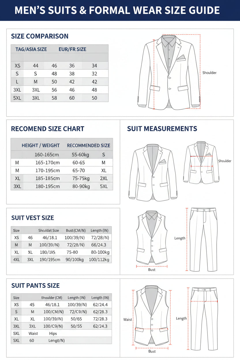Size chart for suits, coats, and pants with measurements and weight ranges.