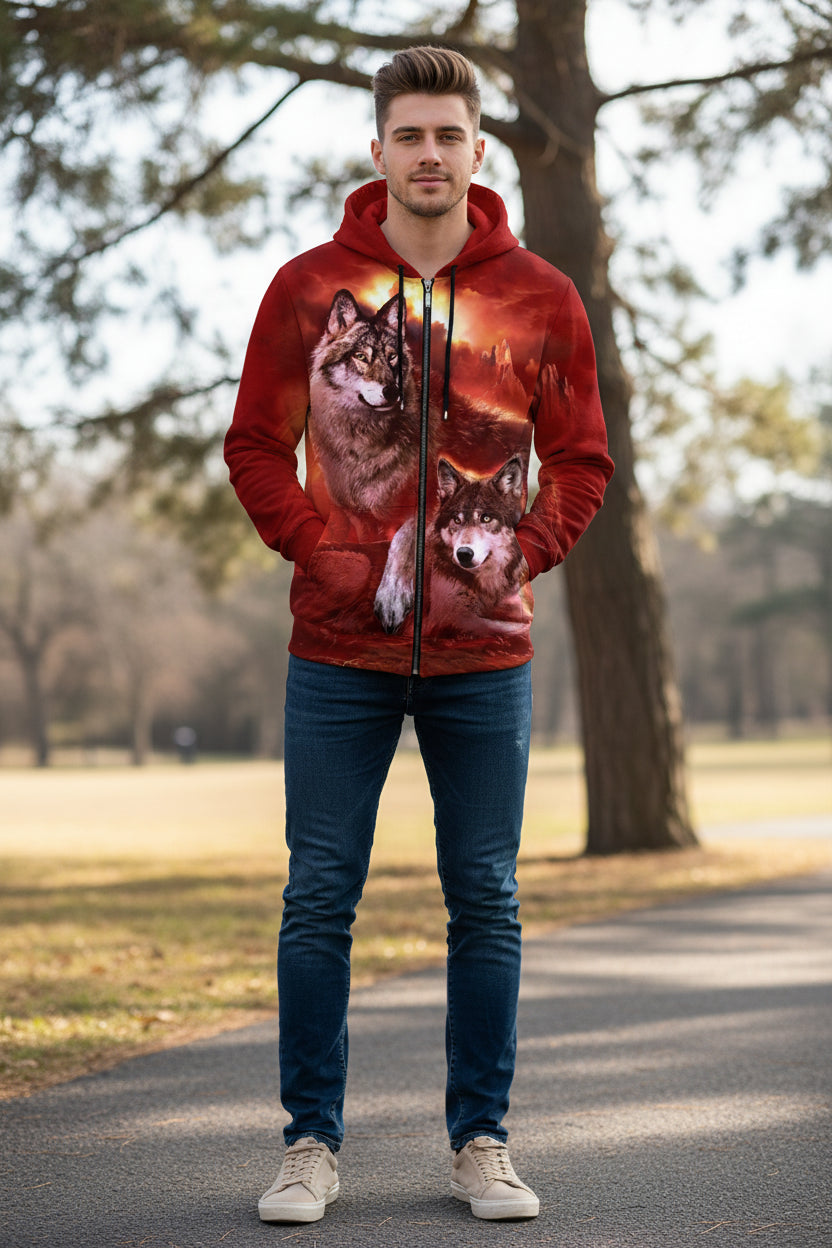 Red hoodie with wolf design on a white background