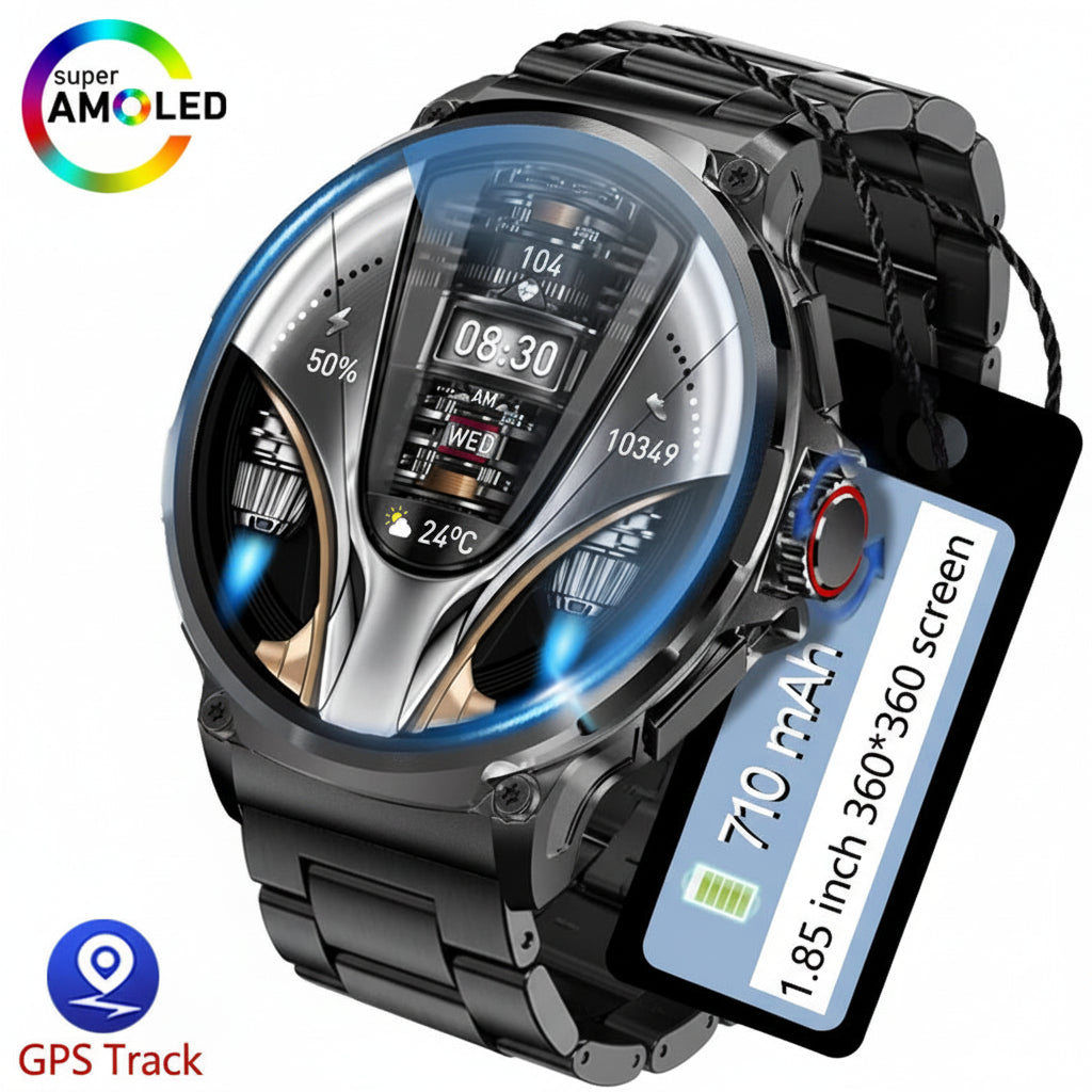 Smartwatch with detailed display and specifications on a white background