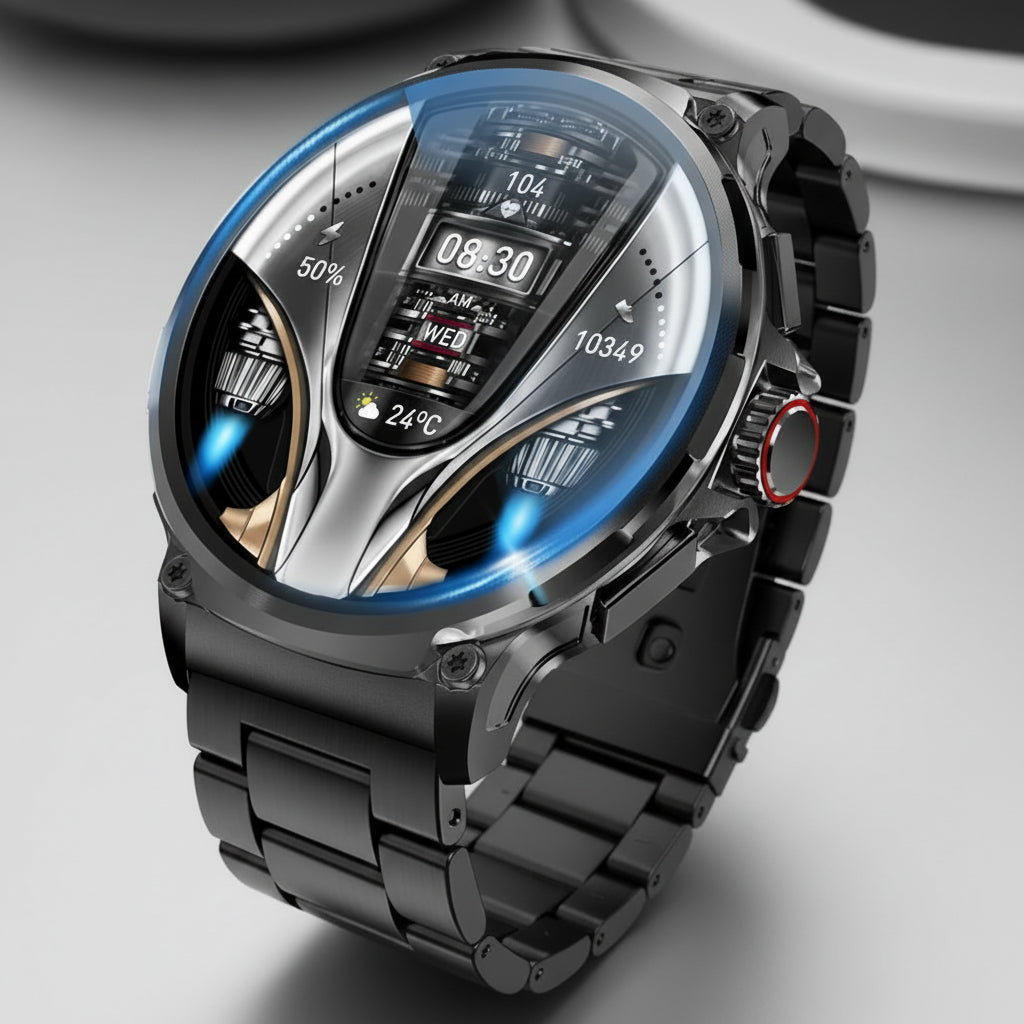 Smartwatch with detailed display and specifications on a white background