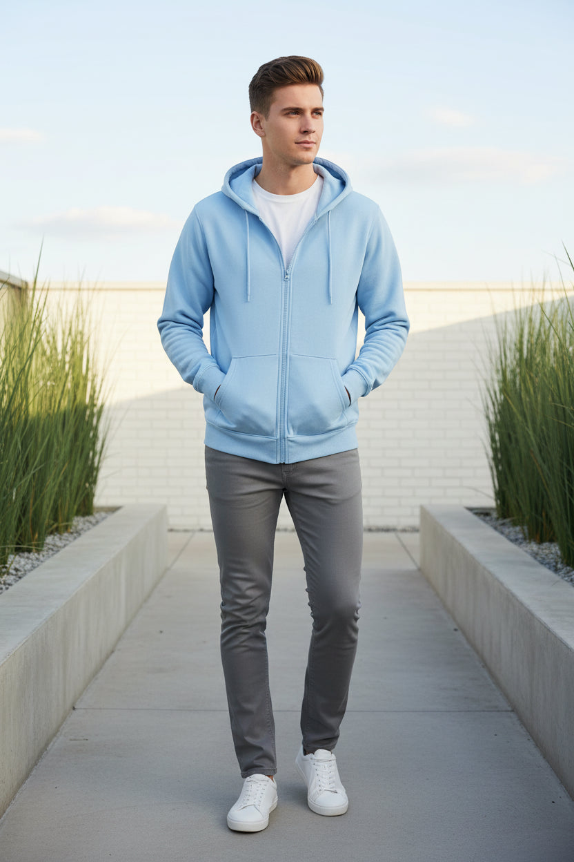 Light blue hoodie with a zipper on a white background